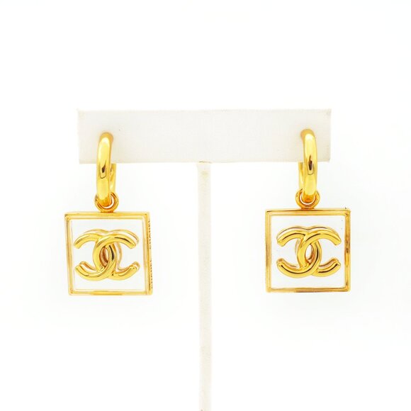 CHANEL Clear Square CC Logos Gold-tone Drop Earrings - Picture 1 of 7